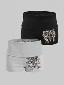 SHEIN Bộ 2 quần short nữ phong cách Y2K cổ điển, chất liệu vải sần, in hình cánh và chữ thập, kiểu dáng thoải mái, phù hợp cho các buổi gặp gỡ hàng ngày. - Nhiều màu - Xem 4