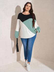 SHEIN LUNE Sudadera holgada de cuello redondo con mangas farol y contraste de color, ropa de otoño talla grande - Agua verde azul - Ver 6