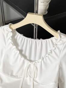 SHEIN 少女优雅褶皱圆领长袖蝴蝶结吊带T恤 秋冬款 - 白色 - 查看 6