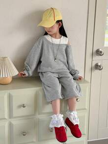 DAZY 2pcs/Set Young Girls Off-Shoulder Long Sleeve Sweatshirt & Shorts Set Spring - Grey - View 8