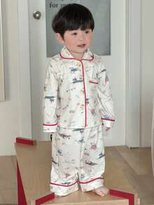 Dazy Kids 2 Stücke Kleinkind Jungen Cartoon Hund Muster Lässiges Süßes Hemd und Hose Pyjama Set - Beige - Übersicht 3