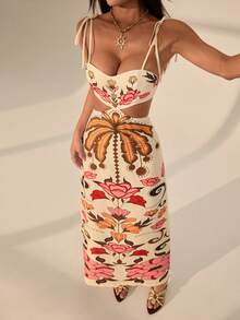 SHEIN PETITE Đầm maxi nữ phong cách Boho nhiệt đới, họa tiết cây dừa và hoa nhiều màu sắc, không tay, thắt eo, thích hợp cho kỳ nghỉ. - Nhiều màu - Xem 6