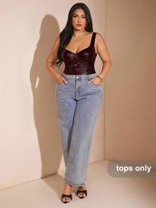 SHEIN BAE Plus Size Women Summer/Autumn PU Bustier Bodysuit - Burgundy - View 7
