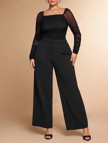 SHEIN BAE Quần tây nữ cỡ lớn màu đen, cạp lệch, cài nút, dáng suông, thích hợp đi chơi, hẹn hò, kiểu quần rộng thùng thình, quần ống rộng, dịp Giáng sinh, tôn dáng, bộ vest, thanh lịch. - màu đen - Xem 4