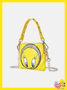 LOONEY TUNES X SHEIN Women's Fashion Personalized Minimalist Cool Streetwear Yellow Print Rivet Handbag, Shoulder Bag, Small Crossbody Bag (3-In-1 Style) - Yellow 1 - View 2