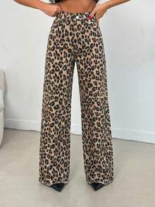 SHEIN PETITE 100% Cotton MID RISE WIDEEG CUT LEOPARD PETITE JEAN - Multicolor - View 4