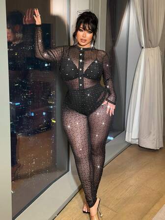 NU&NOW Plus Size Fashionable Sexy Sheer Glitter Mesh Bodysuit