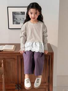 DAZY 女童圆领条纹长袖荷叶边休闲T恤 - 杏色 - 查看 5