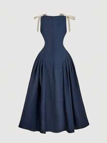 SHEIN MOD 加大码圆领无袖撞色饰边蝴蝶结腰部喇叭下摆卡其色休闲连衣裙 - 藏蓝色 - 查看 4