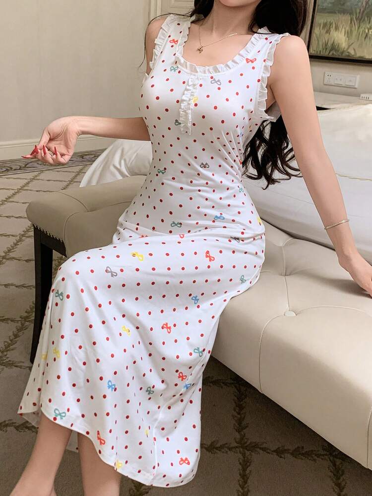 Polka Dot Bow Decor Fully Allover Print Ruched Flounce Trim Sleeveless Cinched Waist Women Nightgown