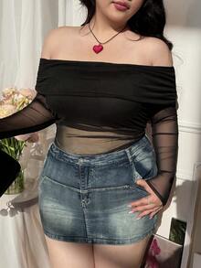 SHEIN EZwear 大码休闲荷叶边露肩长袖网纱连体衣，春秋季 - 黑色 - 查看 8