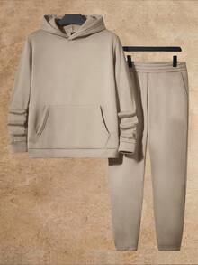 Manfinity Unisex 男士袋鼠口袋连帽衫和运动裤，舒适套装，秋季服装，情侣装