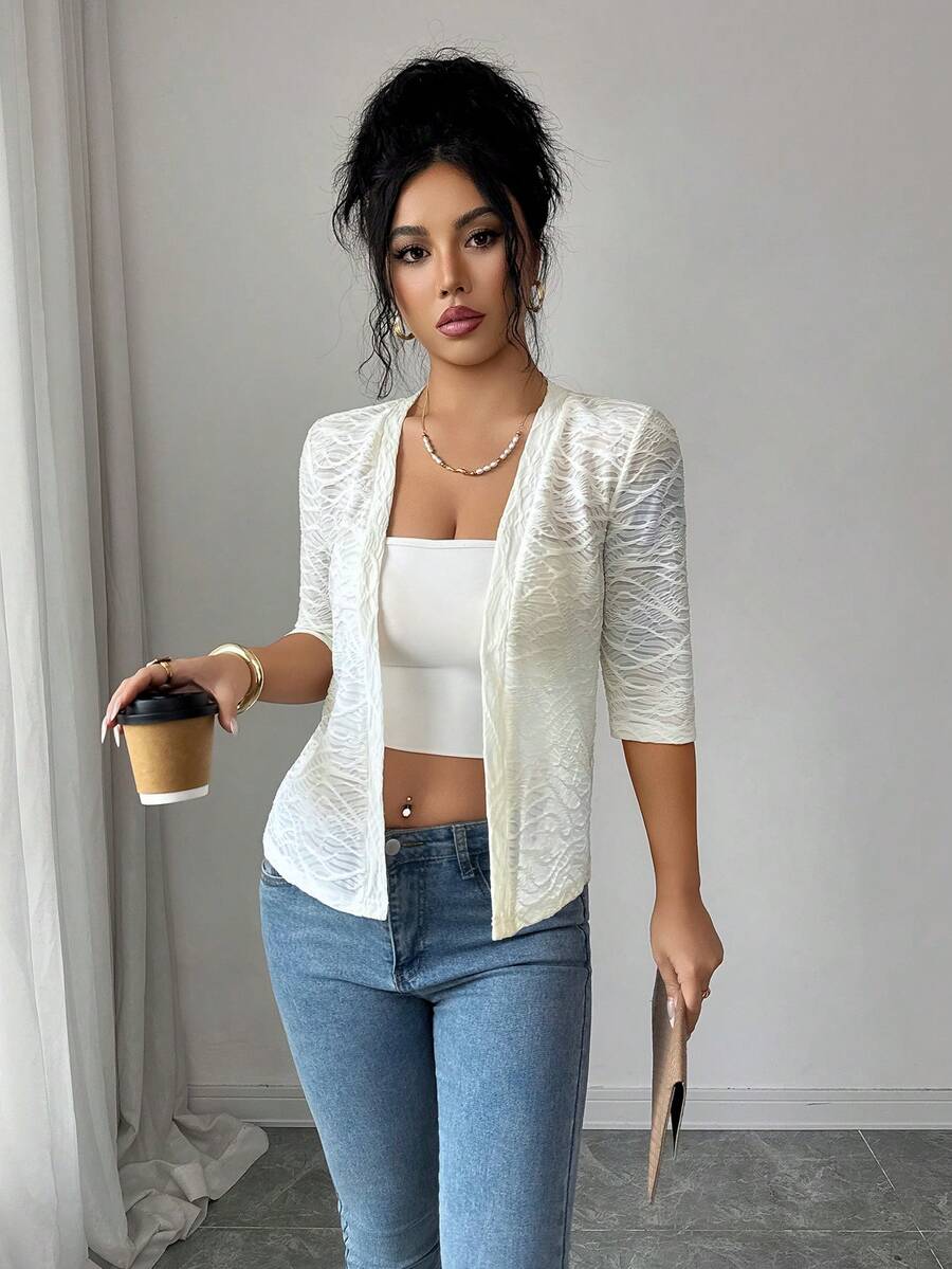 SHEIN Clasi 女士纯色中袖休闲百搭提花针织外套 - 杏色 - 查看 1