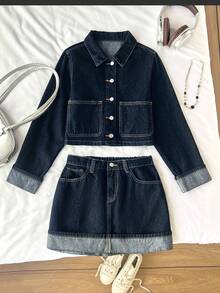 SHEIN 2pcs Set: Dark Blue Denim Cropped Jacket & Mini Skirt For Teenage Girls