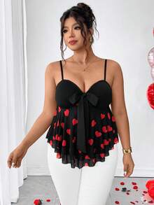 Elenzga Camiseta ajustada elegante y casual con parches de malla con forma de corazón y decoración de moño, adecuada para una cita en el Día de San Valentín, dulce pero ligeramente sexy