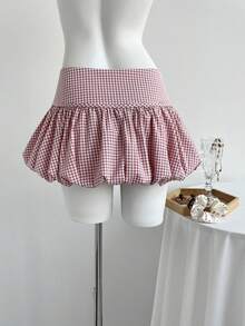Elamini Cute Bow Tie Plaid A-Line Peplum Skirt, Low Waist Bubble Hem Skirt
