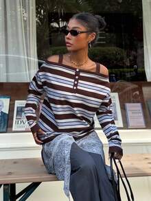Muchica Striped Pattern Casual Off Shoulder Long Sleeve Women Sweater Stripe Top Striped Long Sleeve - Multicolor - View 1
