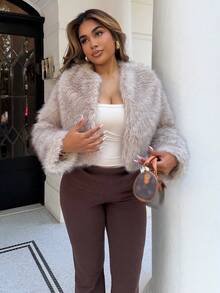 Maria Perezxox Women's Solid Color Long Sleeve Casual Fluffy Jacket In Fall/Winter - Khaki - View 1