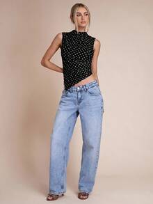 SHEIN BAE Áo camisole thời trang nữ in chấm bi, vạt bất đối xứng - màu đen - Xem 5