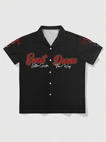 ROMWE MEN Street Life Men's Letter Print Turndown Collar Single-Breasted Casual Commuter Short Sleeve Shirt - Multicolor - View 2
