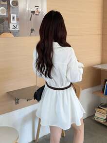 DAZY 女士休闲纯色翻领褶皱宽松迷你连衣裙 - 白色 - 查看 2