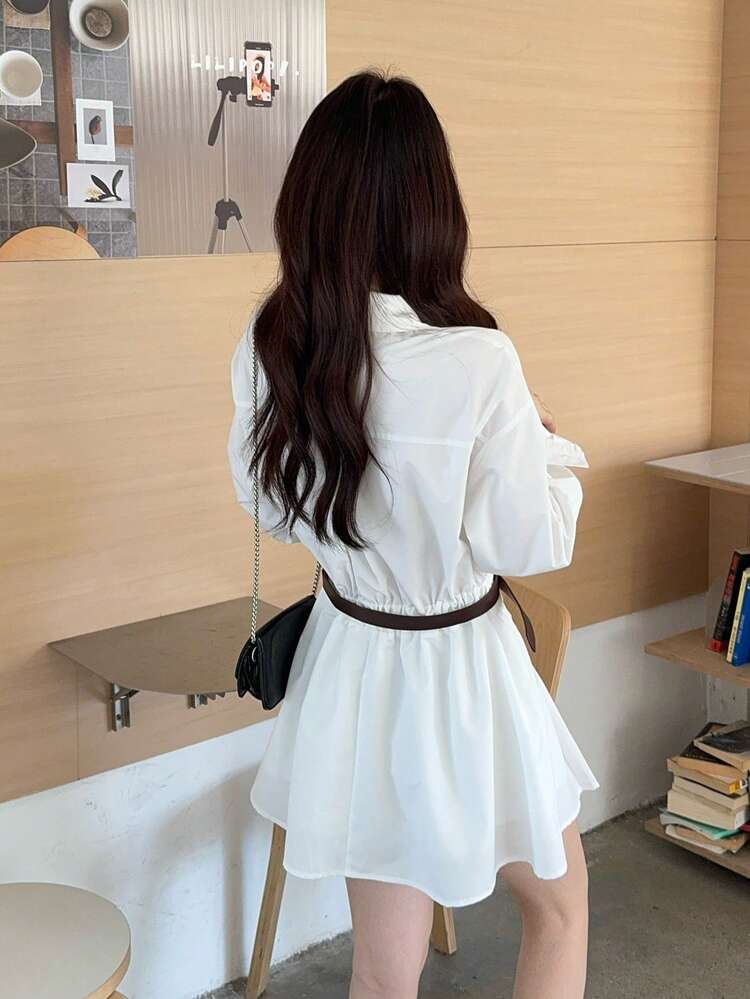 Women's Casual Solid Color Turndown Collar Pleated Loose Mini Dress Sundress