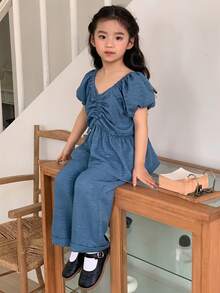 DAZY Young Girls Shirt Set, Sweet Puff Sleeve Drawstring Short Sleeve Top And Flared Straight Leg Pants Set Summer - Blue - View 1