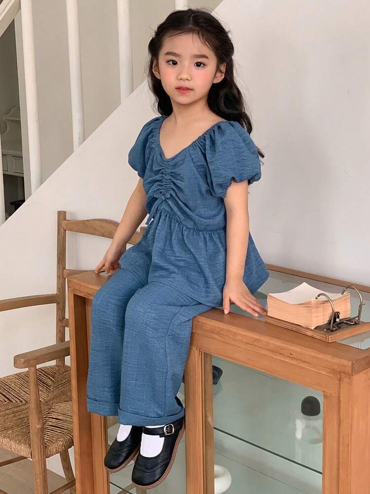 Young Girls Shirt Set, Sweet Puff Sleeve Drawstring Short Sleeve Top And Flared Straight Leg Pants Set Summer