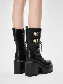 ROMWE Grunge Punk 纯色厚底系带休闲时尚踝靴 - 黑色 - 查看 5