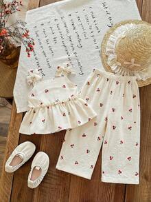 SHEIN LMoss Kids 女宝宝夏季可爱粉色条纹吊带背心和松紧腰裤套装 - 彩色 - 查看 3