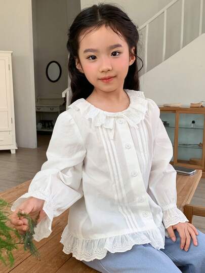 DAZY Young Girls Round Neck Ruffle Trim Long Sleeve Solid Color Blouse, Spring/Autumn