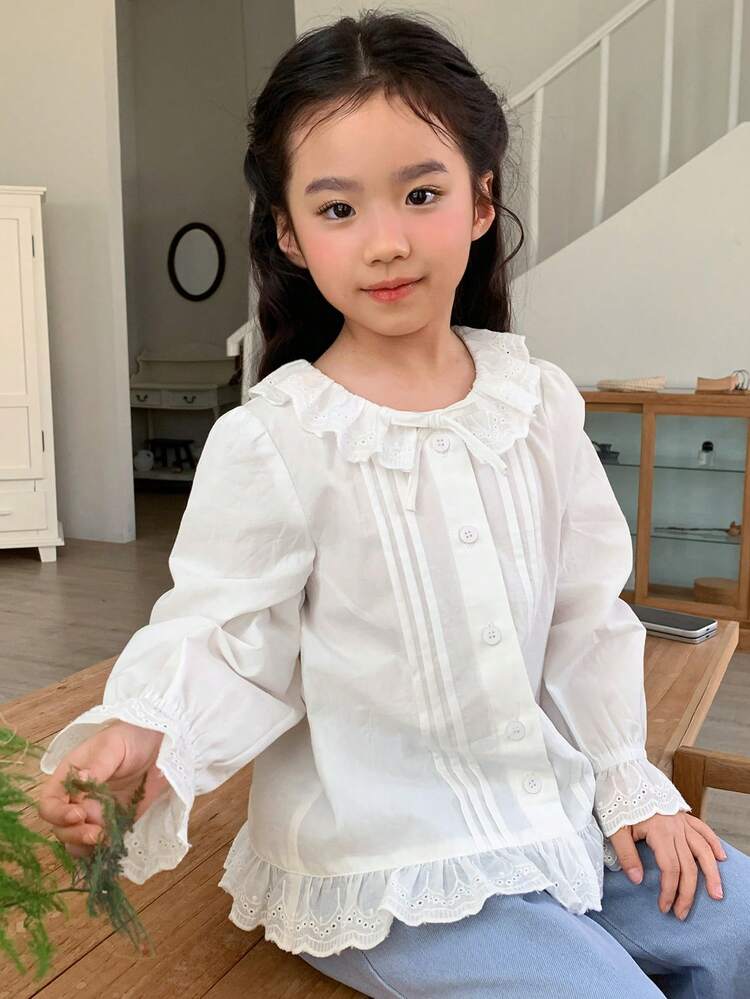 Young Girls Round Neck Ruffle Trim Long Sleeve Solid Color Blouse, Spring/Autumn