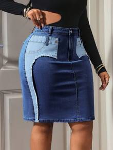 Slaydiva Plus Size Casual Washed Color Block Patchwork Fitted Denim Mini Skirt - Medium Wash - View 5