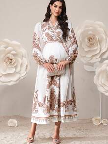 SHEIN Maternity Clothes White Elegant Pregnant Women Dress Autumn Paisley Print Tie-Wrap Long Sleeve Luxury Party Church Modest Boho Maternity Dress - White - View 6