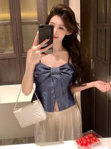DAZY Women's Spaghetti Strap Bow Tie Camisole, Korean Style Denim Effect Summer Top - Blue - View 4