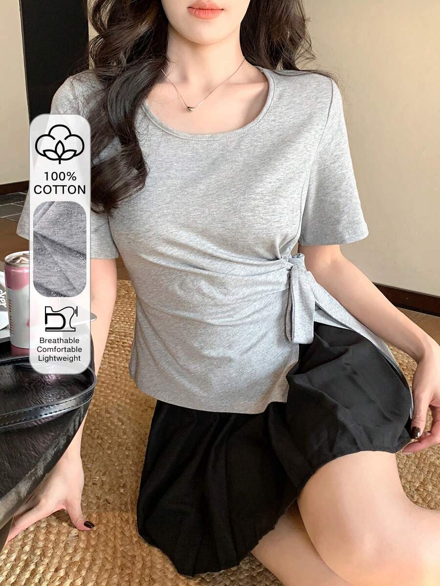 DAZY Áo thun dài tay màu trơn thắt nơ phía trước dành cho nữ, thích hợp cho mùa hè và mùa xuân. - Xám - Xem 1