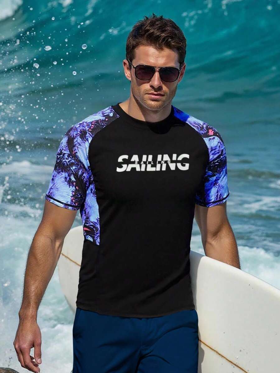 Manfinity Swimmode Traje de baño con estampado tropical para hombres, playa y surf - Negro - Ver 1