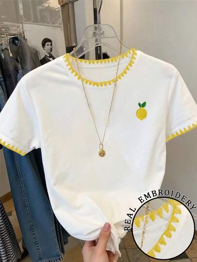 Resyla Women's Casual Contrast Trim Lemon Print T-Shirt, Summer