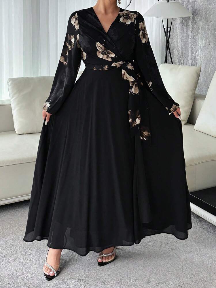 Dazy Plus Floral Chiffon V-Neck Tie Waist Long Sleeve Top Patchwork Solid Color Elegant Maxi Party Dress Plus Size Women Spring/Summer Sundress