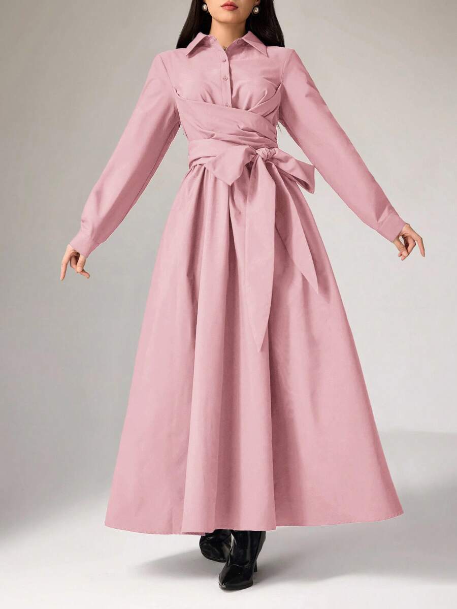 Heiryn 女士纯色简约长袖阿巴雅连衣裙，休闲日常穿着 - 粉色 - 查看 1