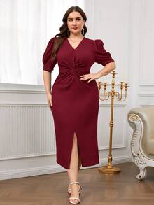 Modelyn Plus Size Women V-Neck Twist Ruched Slit Elegant Waist Gathering Party Dress - Red - View 1