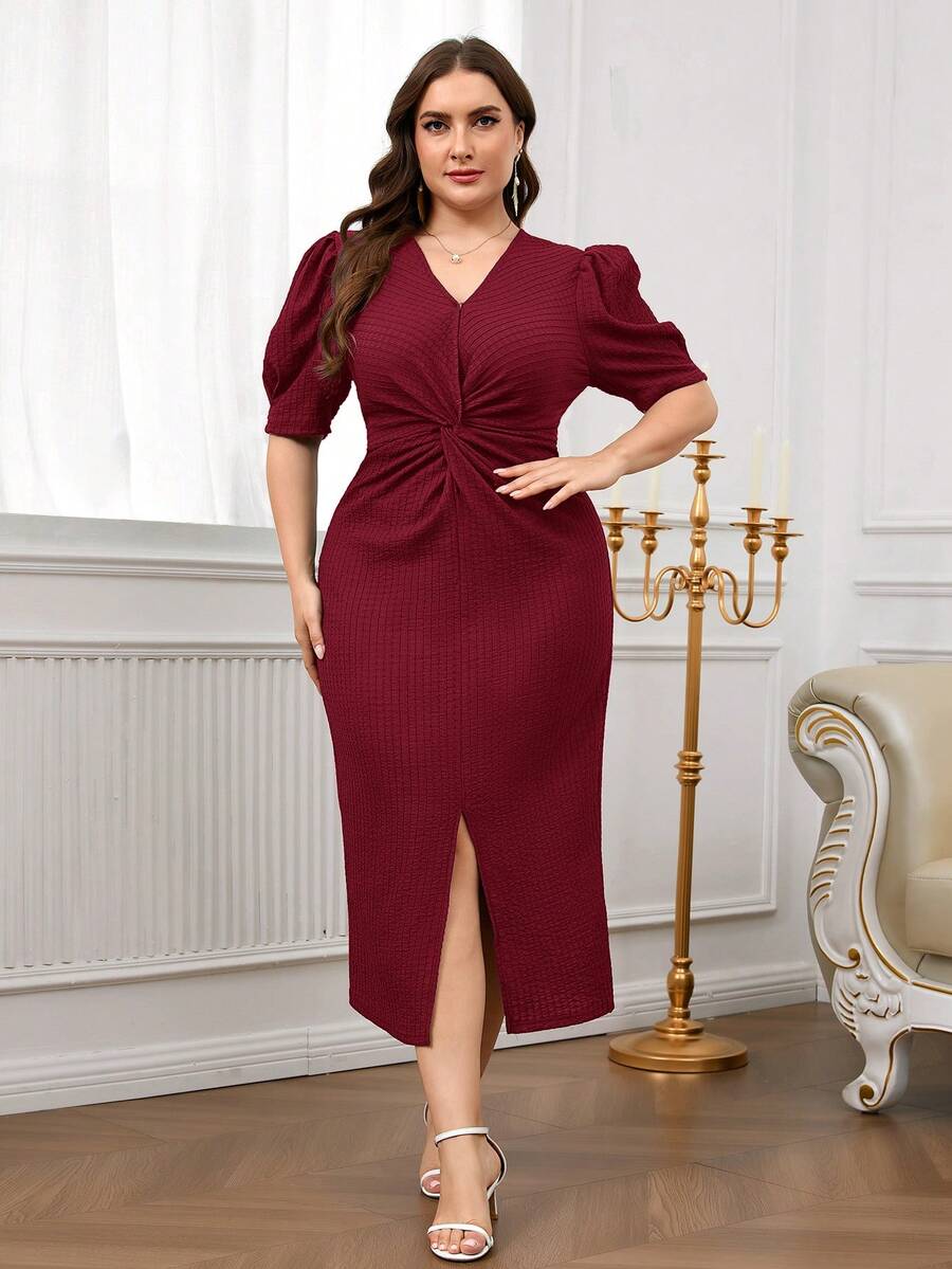 Modelyn Plus Size Women V-Neck Twist Ruched Slit Elegant Waist Gathering Party Dress - Red - View 1