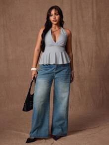 Rustia Áo camisole nữ cỡ lớn màu trơn cổ chữ V sâu, viền bèo nhún, thích hợp mặc thường ngày/đi làm. - Xám - Xem 6