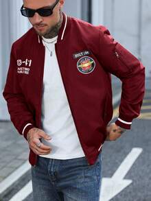 Manfinity CasualCool 男士极简印花长袖夹克 男士棒球夹克 男士棒球夹克 男士图案夹克 男士飞行员夹克 男士飞行员夹克 适合日常休闲、周末旅行、户外活动、探险旅行、轻松的工作环境或半正式场合，也是送给男友/丈夫、周年纪念/生日、派对、暑假、新年、婚礼、情人节的理想礼物。 - 酒紅色 - 查看 4