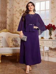 Reflora Curvy Plus Size Women's Elegant Purple Summer Formal Wedding Dress,Chiffon Batwing Sleeves Rhinestone Fake Two-Piece Prom Ball Gown,Luxury - Purple - View 5