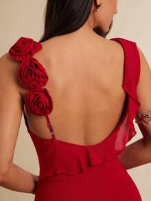 Silquee 浪漫纯红色不对称荷叶边领露背修身长裙，饰有3D立体花卉，优雅性感，适合女性，可用于情人节、圣诞节、约会、外出、夜店派对、秋冬季等场合。 - 紅色 - 查看 6