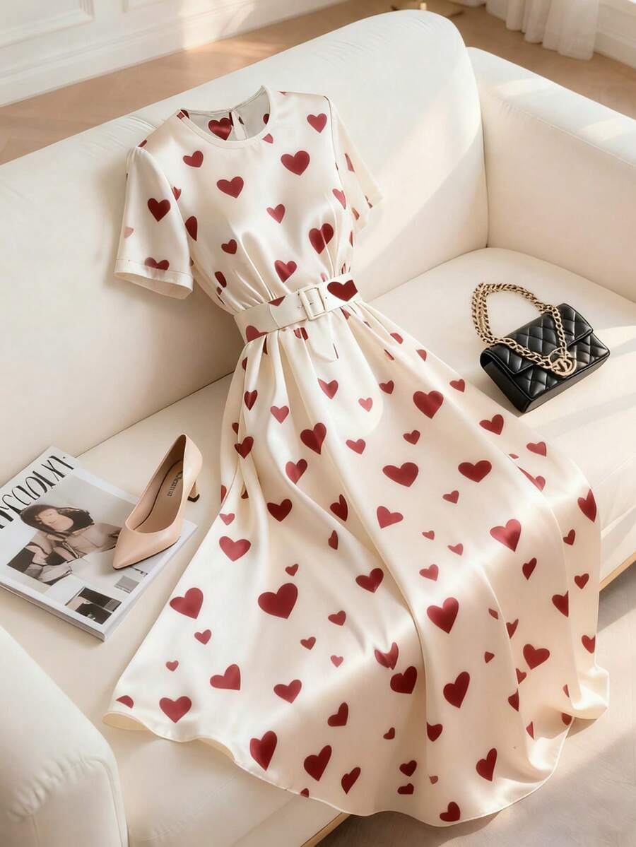 GlowEve 情人节圆领腰带扣装饰酒红色爱心蜜桃色A字长裙 - 彩色 - 查看 1