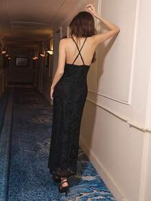 Maija Women's Deep V-Neck Lace Mermaid Hem Fitted Sexy Spaghetti Strap Dress Black Long Dress Elegant Sexy Dinner Dress Cruise Dinner Dress - Black - View 3