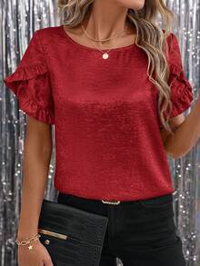 SHEIN Clasi 女士箔片荷叶边短袖情人节衬衫 - 紅色 - 查看 4