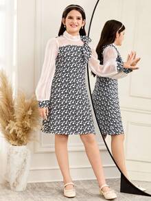 SHEIN رمضان Girls' Black & White Digital Print Organza Long Sleeve Dress With Bow Decor الملابس التقليدية العربية - Black and White - View 2